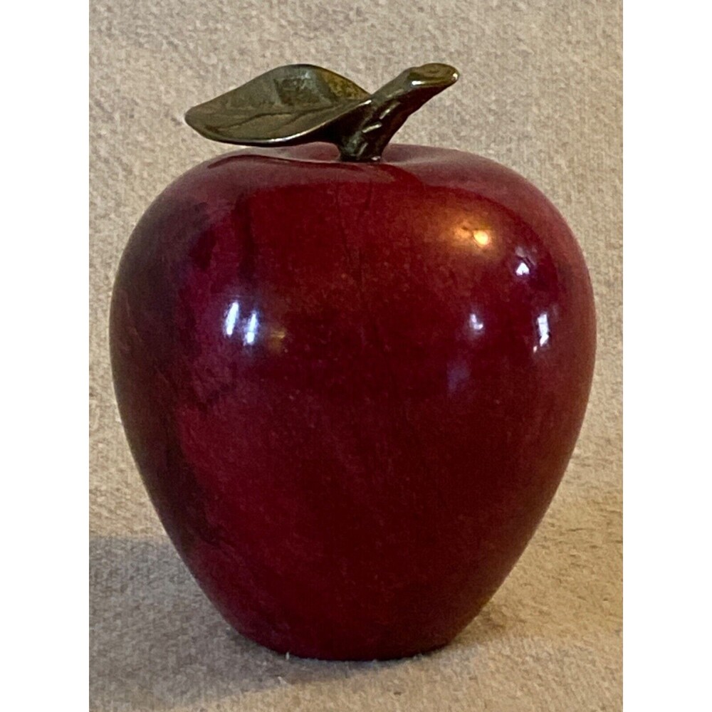 Vintage Red Marble Apple Brass Stem Leaf Paperweight Home Decor Teacher's Gift